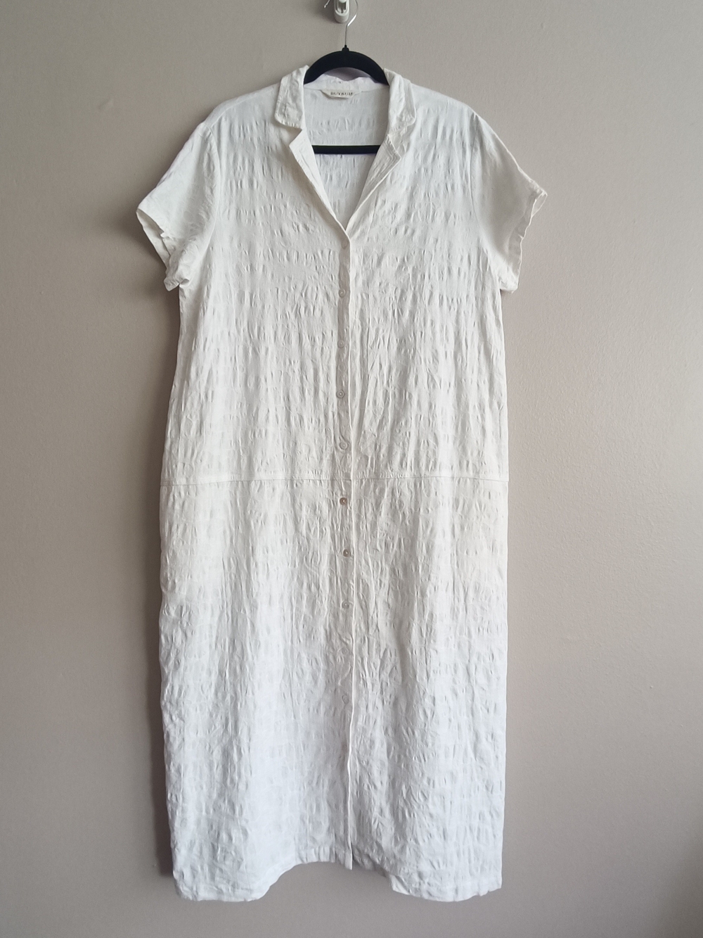 BUYKUD White Textured Short Sleeve Maxi Shirt Dress L / XL Boho Artsy